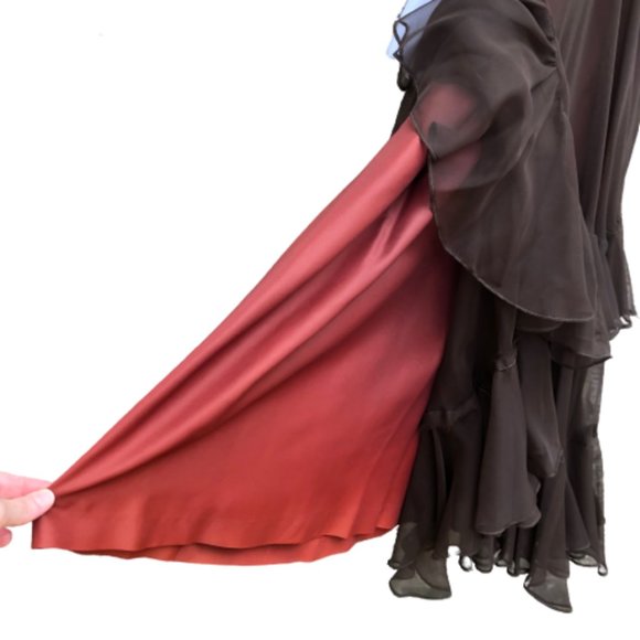 Vtg 60s/70s Wednesday Addams Goth Prairie Tiered Ruffle Contrast Trim Maxi Dress - Picture 15 of 17